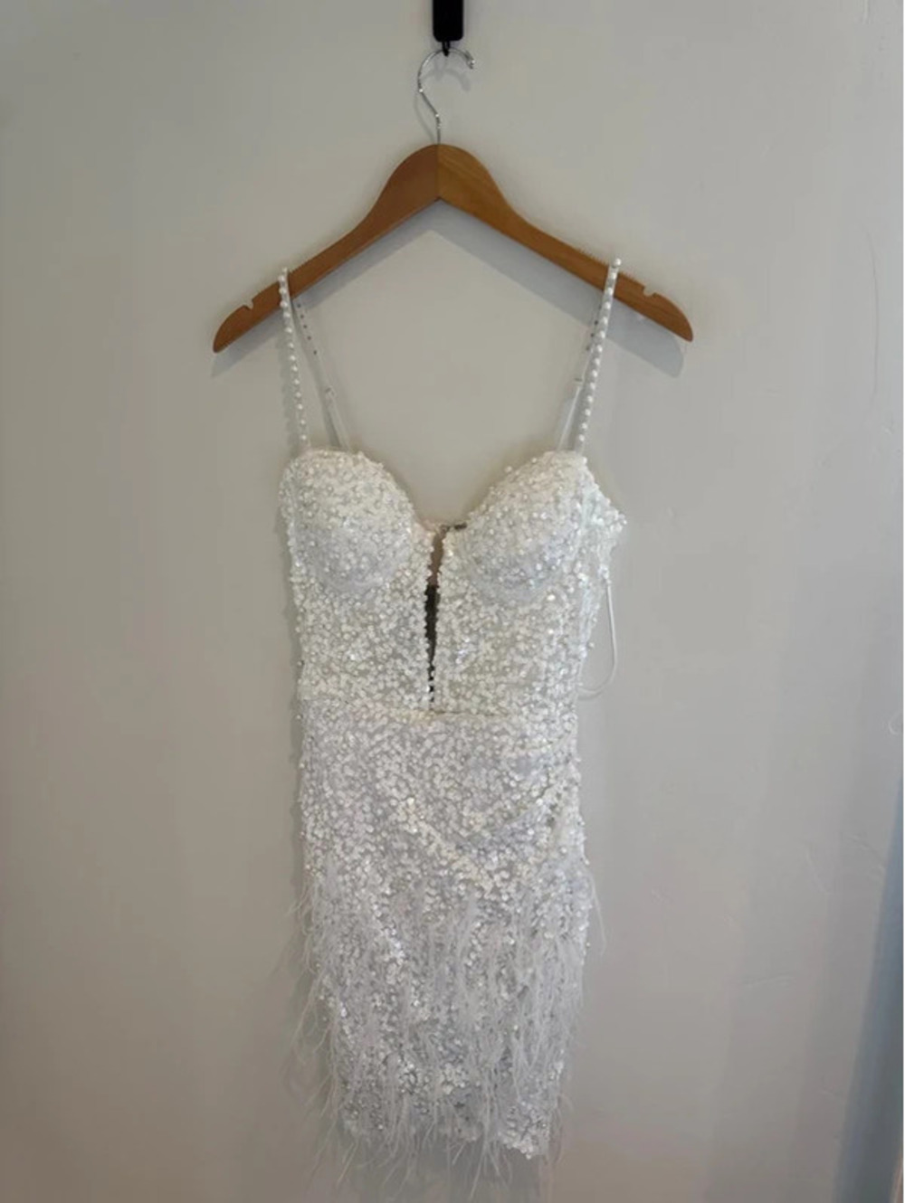 Fashion Nova White Sequin & Feather Mini Dress